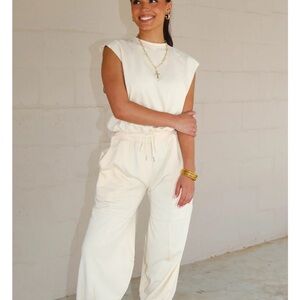 FP Movement by Free People Cream Sleeveless Drawstring Jumpsuit